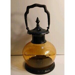 Vintage 12in Lantren Black W/ Gold Crackle Glass Round Globe/ BLACK HANDLE